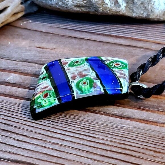 Cobalt Blue Dichroic Glass Trapezoid Necklace - Picture 6 of 8